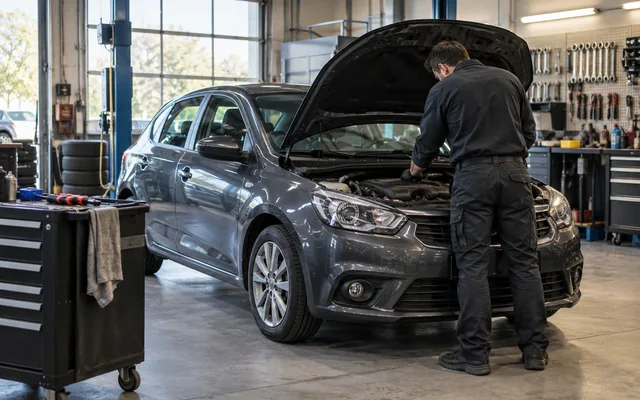 Illustration : professionnel devant le capot ouvert d’une voiture dans un atelier fictif
