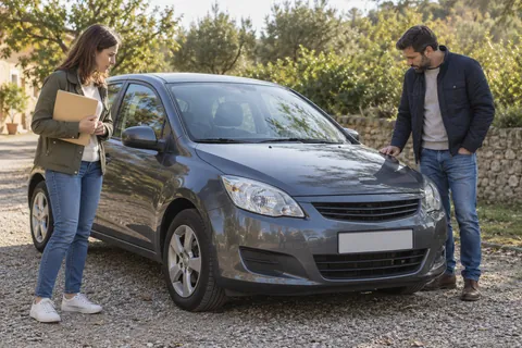 Illustration : Deux adultes observent une voiture d’occasion à l’arrêt. Scène fictive.