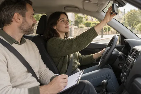 Illustration : Préparation des réglages d’une voiture à l’arrêt avec un accompagnateur. Scène fictive.