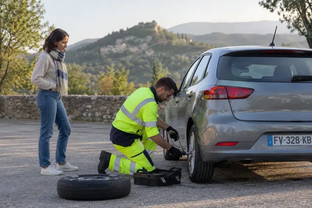 Illustration IA : Une personne chargée de l’assistance et un automobiliste se tiennent auprès d’une voiture à l’écart de la circulation.
