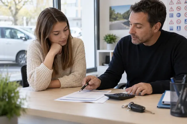 Illustration IA : Deux personnes examinent un budget de formation avec des documents et une calculatrice.