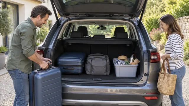 Illustration IA : Deux personnes préparent des bagages dans le coffre d’une voiture stationnée