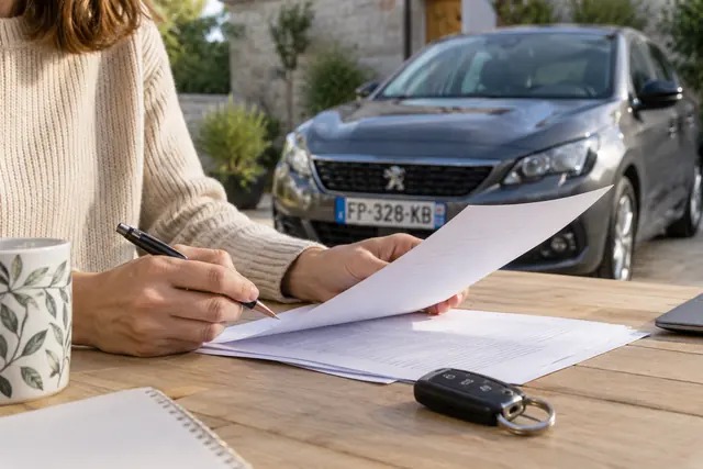 Illustration IA : Des documents et des clés de voiture sont réunis pour examiner un dossier automobile.