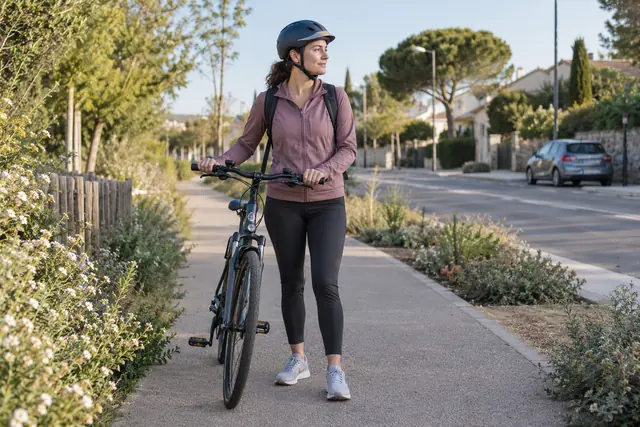 Illustration IA : Une personne avec un vélo se tient sur un espace cyclable séparé de la chaussée.