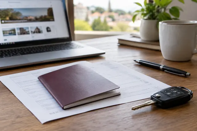Illustration IA : Un dossier administratif, des clés de voiture et un ordinateur sont disposés sur un bureau.