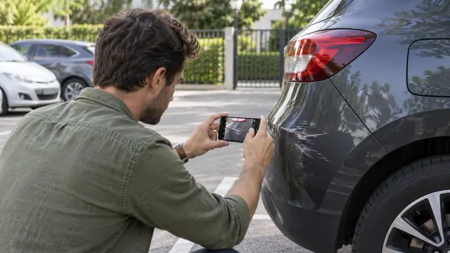 Illustration IA : Un adulte photographie un frottement de carrosserie sur une voiture garée en sécurité