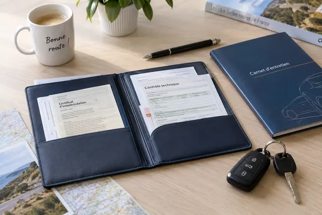 Illustration IA : Un dossier de véhicule, un carnet d’entretien et des clés sont disposés sur un bureau.