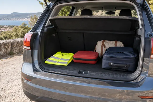 Illustration IA : Un coffre de voiture ouvert contient un gilet réfléchissant, une trousse fermée et des bagages.