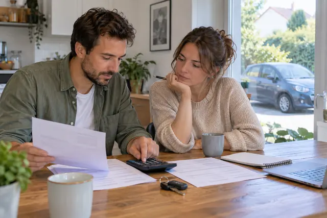 Illustration IA : Deux personnes préparent un budget automobile avec une calculatrice et des documents.