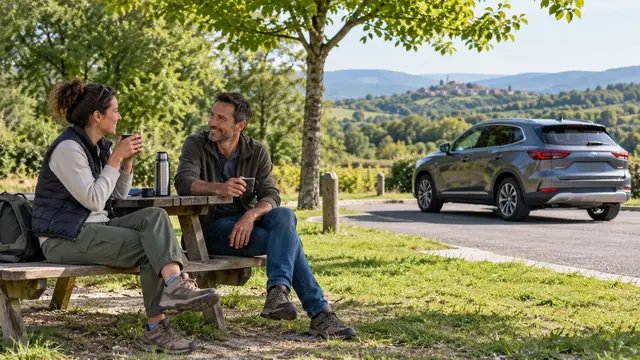 Illustration IA : Deux adultes font une pause près de leur voiture sur une aire verdoyante