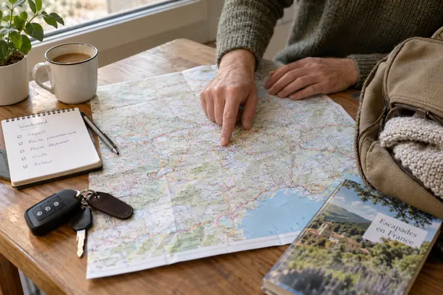 Illustration IA : Une carte, un carnet, des bagages et des clés sont réunis pour préparer un trajet.