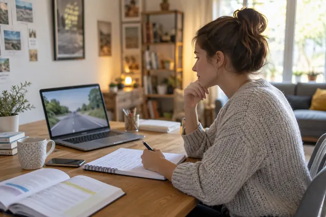 Illustration IA : Une personne révise avec un cahier et un ordinateur dans un intérieur lumineux.