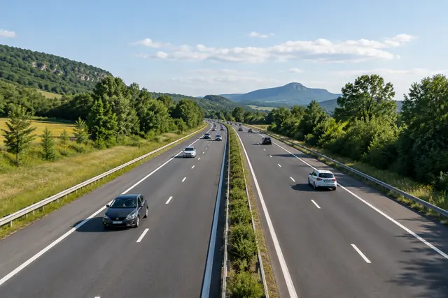 Illustration IA : Une autoroute fictive traverse un paysage verdoyant, avec des véhicules espacés.