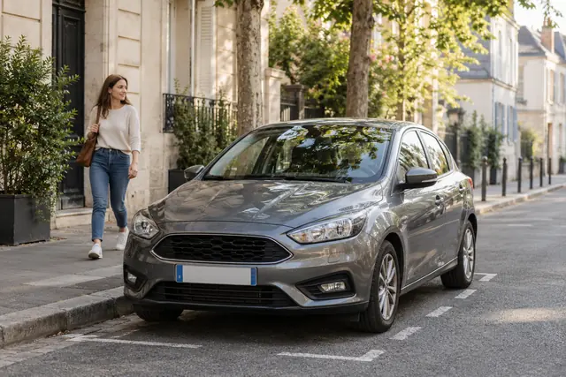 Illustration IA : Une voiture est stationnée dans une place matérialisée d’une rue fictive.