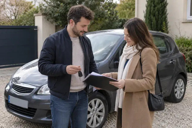 Illustration IA : Deux adultes échangent autour d’un dossier et de clés près d’une voiture stationnée.