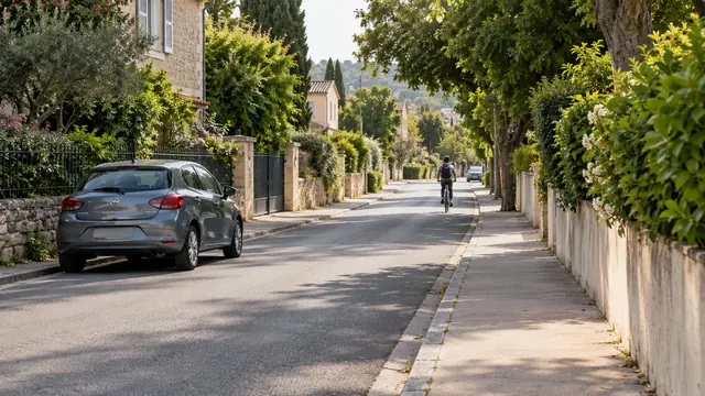 Illustration IA : Une rue résidentielle calme avec un cycliste au loin et une voiture stationnée