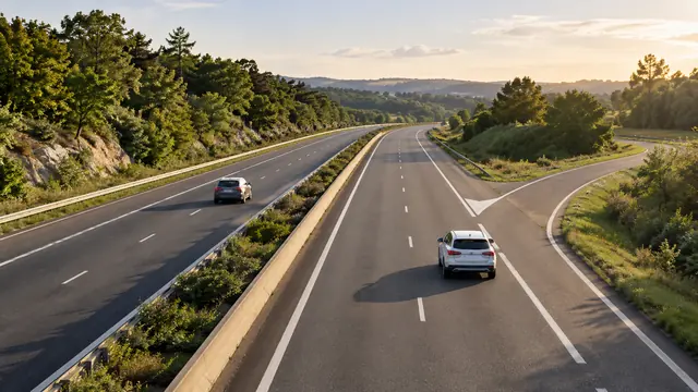 Illustration IA : Deux voitures espacées sur une route divisée avec une voie latérale