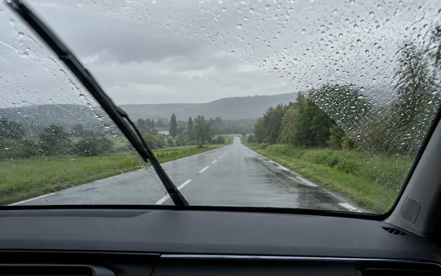 Illustration : pluie et essuie-glace vus depuis un habitacle fictif