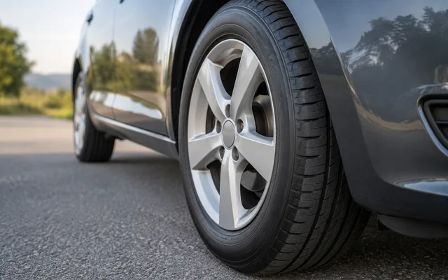 Illustration : gros plan sur un pneu et une roue de voiture fictifs