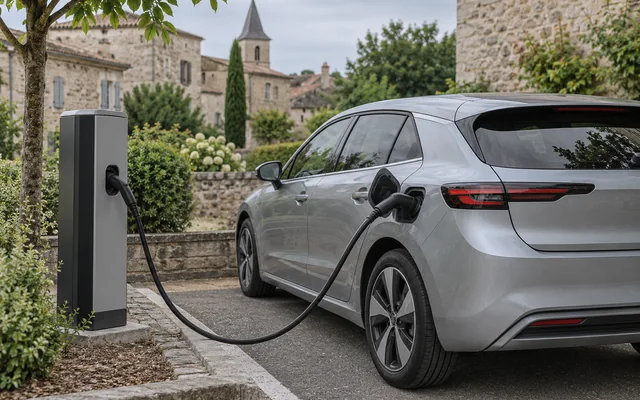 Illustration : voiture électrique reliée à une borne de recharge dans un cadre fictif